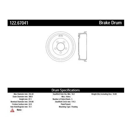 Centric Centric Premium Brake Drum, Centric Parts 122.67041 122.67041